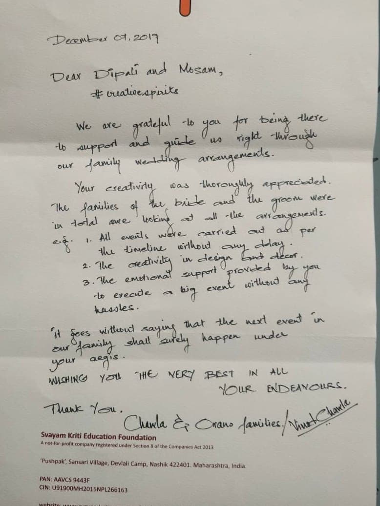 The original handwritten appreciation letter from December 2019